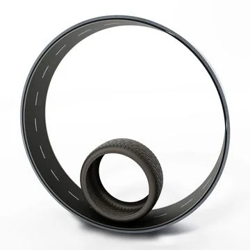 Spare new racing tyre inside circle shaped road. 3D illustration Stock Illustration