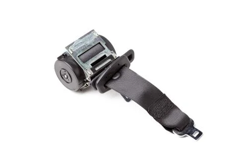Spare part and interior element black seat belt from a car on a white isolate Stock Photos