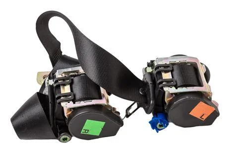 Spare part and interior element set of black seat belt from a car on a white  Stock Photos