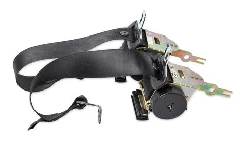 Spare part and interior element black seat belt from a car on a white isolate Stock Photos