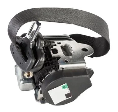 Spare part and interior element black seat belt from a car on a white isolate Stock Photos
