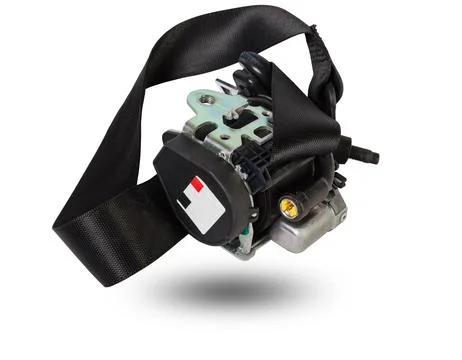 Spare part and interior element black seat belt from a car on a white isolate Stock Photos