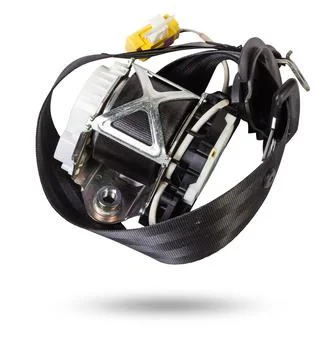 Spare part and interior element black seat belt from a car on a white isola.. Stock Photos