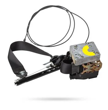 Spare part and interior element black seat belt from a car on a white isola.. Stock Photos
