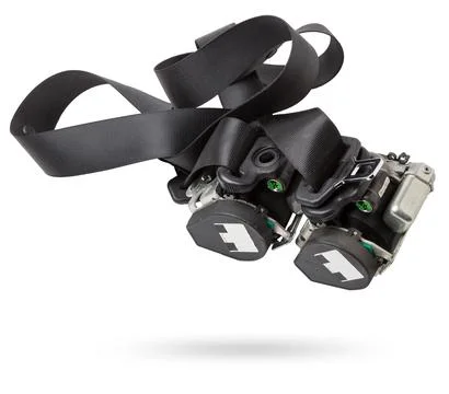 Spare part and interior element black seat belt from a car on a white isola.. Stock Photos
