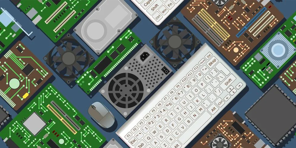 Spare part for personal computer. PC or laptop accessories. Seamless pattern. 스톡 일러스트