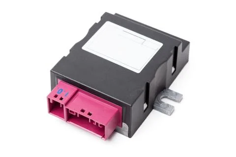 A spare part for a plastic car engine control unit in black with red elements 스톡 사진