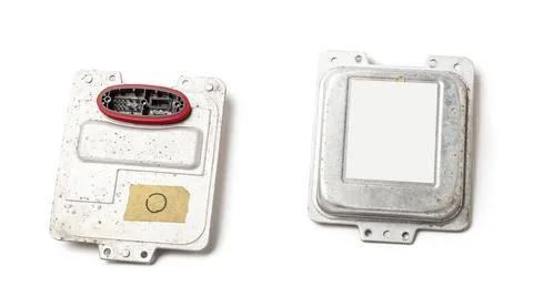Spare part plastic car engine control unit with metal elements on a white iso Foto stock