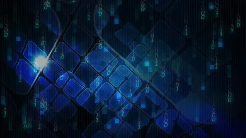 Spark appearing gliding across blue tile grid cascading code visualizing data Stock Footage 320287743