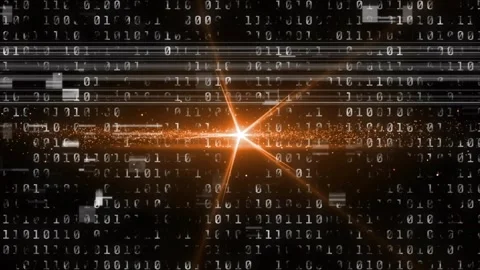 Spark igniting binary data, expanding pulsing starburst sending particles Stock Footage 318936502