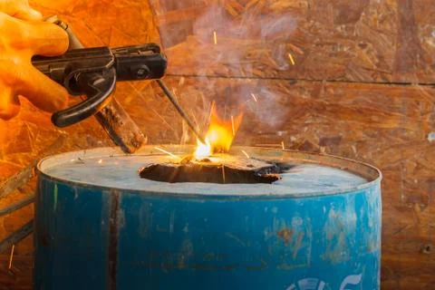Spark light with welding Process with blue tube metal and bright sparks in st Stock Photos