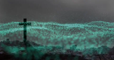 Spark pushing low teal particles, growing and rolling across fixed dark cross, Stock Footage 334184573