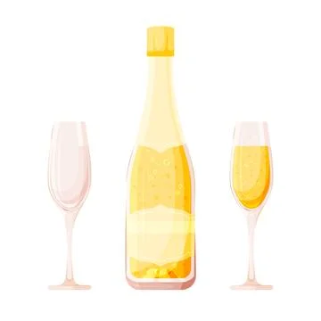 Sparkle bubbly champagne bottle glass flat set Stock Illustration