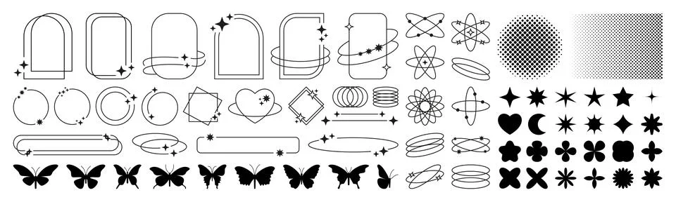 Sparkle elements. Aesthetic line frames. Digital shape symbols. Trendy 90s Stockillustratie