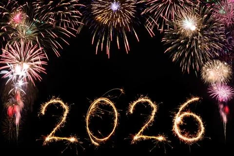 Sparkle firework on black background, happy new year 2026 concept Stock Photos