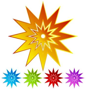 Sparkle, flash shape in 5 colors - Colorful, retro design elements Stock Illustration