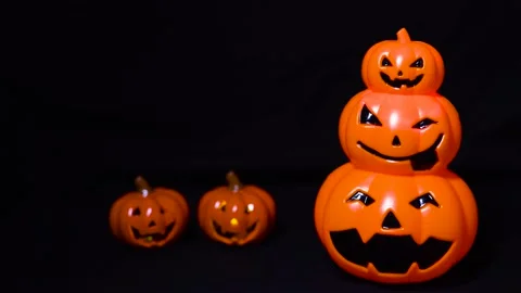 Sparkle Light Overlap Pumpkins Face Model Decorated for Halloween Night Stock Footage 153586168