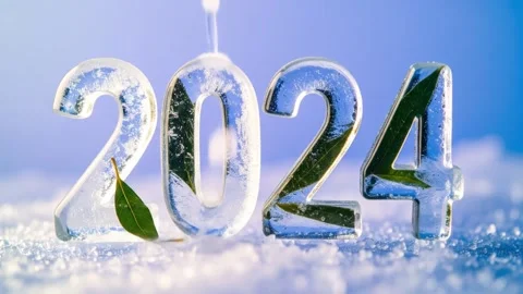 Sparkling 2024 Ice Numbers with Leaf, Water Droplets, and Snow Stock Footage 333410706