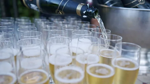 Sparkling bubbles fill champagne glasses at celebration event Stock Footage 321397298