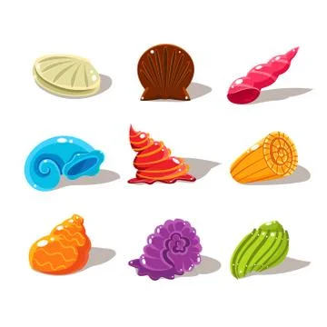 Sparkling Cartoon Sea Shells. Vector Illustration Set Stock Illustration