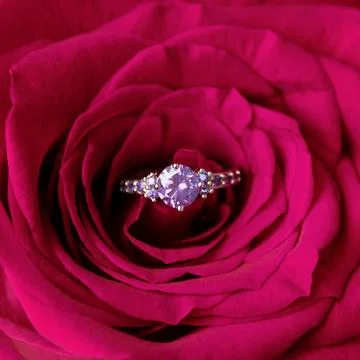 Sparkling engagement ring inside red rose. Romantic gift for valentines day.  Stock Photos