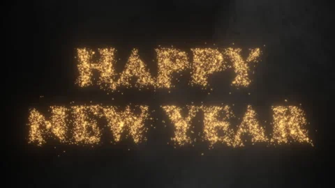Sparkling Happy New Year text made of glowing gold particles on smoky background Stock Footage 340228985