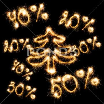 Sparkling inscription of 50%, 40%,30%, 20% with christmas tree on a black Stock Photos