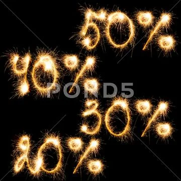 Sparkling inscription of 50%, 40%,30%, 20% on a black Stock Photos