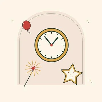 Sparkling midnight scene with a clock and stars. Decorative flat vector compo Stock Illustration