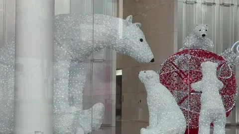 Sparkling Polar Bear Christmas Light Sculpture Display Stock Footage 344596545