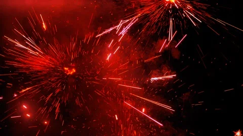 Sparkling red fireworks on black background during celebrating holiday Stock Footage 113961222