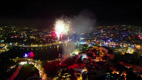 Sparkling Spectacle: Captivating Fireworks over Da Lat Video stock 242338819