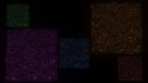 Sparkling squares on black background, square areas composed of luminous dots Stock Footage 127899681