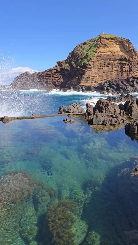 Sparkling tidal pools carved by volcanic forces in Porto Moniz, Madeira.  Video stock 310025657