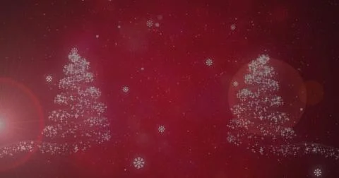 Sparkling two white Christmas trees forming conical shapes on red field with Stock Illustration