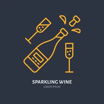 Sparkling wine in bottle and two wineglasses line icon. Vector logo for Stock Illustration