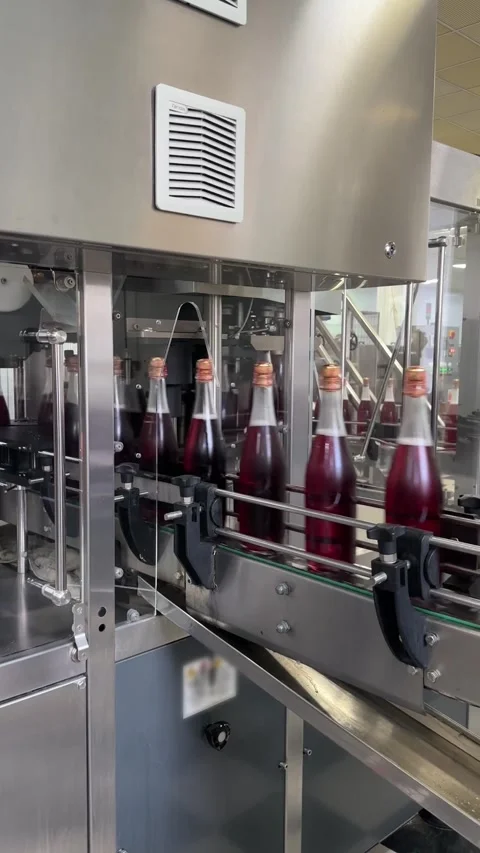 Sparkling wine bottles production line at factory, vertical Full HD 動画素材 325622686