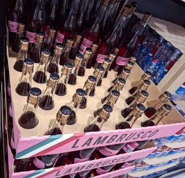 Sparkling wine selection featuring Lambrusco in Denia supermarket 写真素材