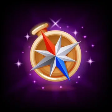 Sparkly compass GUI gaming or mobile app icon on dark background. Navigation Stock Illustration