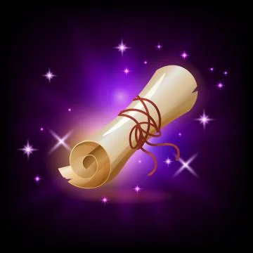 Sparkly paper scroll icon for game or mobile app against dark background. Magic Stock Illustration