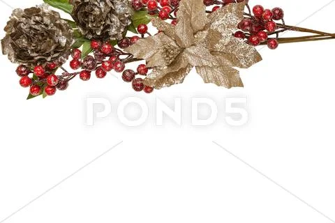 Sparkly pewter flowers shiny red berries and gold leaves border Stock Illustration