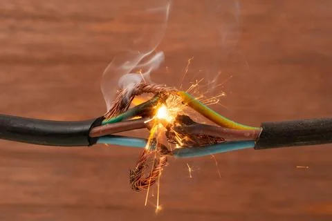 Sparks explosion between electrical cables, on brown wooden background, fir.. Stock Photos