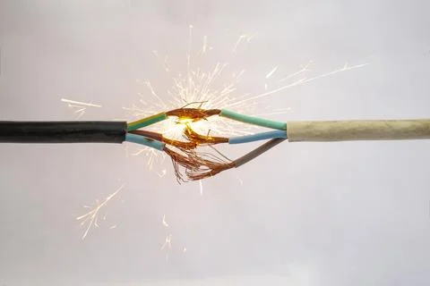Sparks explosion between electrical cables, on white background, fire hazar.. Stock Photos