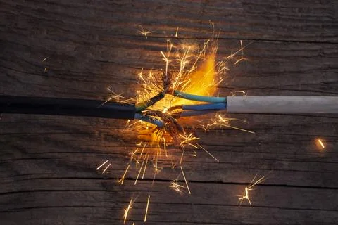 Sparks explosion between electrical cables, on brown wooden background, fir.. Stock Photos