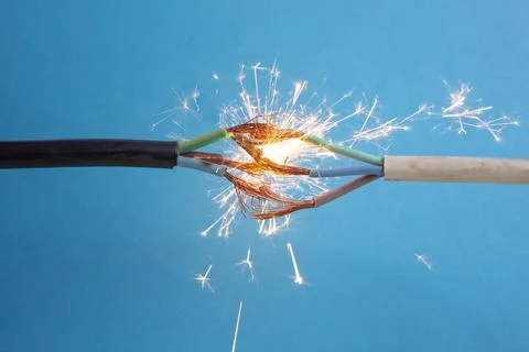 Sparks explosion between electrical cables, on blue background, fire hazard.. Stock Photos
