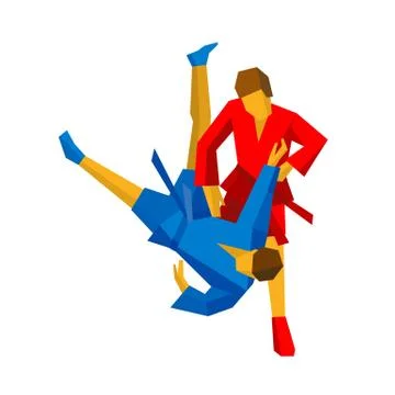 Sparring of two sambo fighters in red and blue 스톡 일러스트