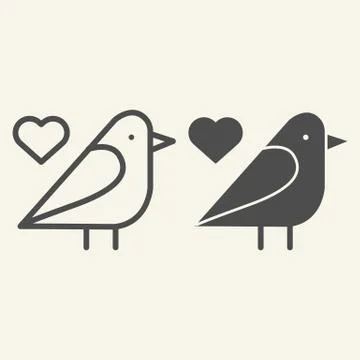 Sparrow bird line and solid icon. Small finchlike bird with heart symbol outline Stock Illustration