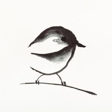 Sparrow bird on twig is hand drawn on creamy paper Stock Illustration