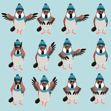 Sparrow with hats flat set Stock Illustration