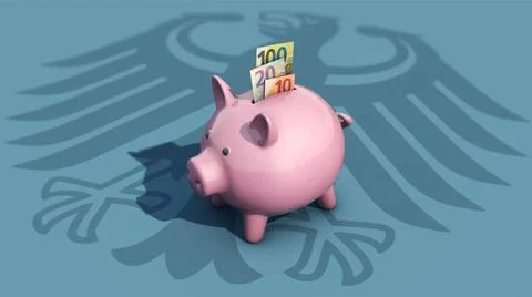Sparschwein auf Bundesadler - Bundesregierung muss sparen Symbolbild zum T... Stock Photos